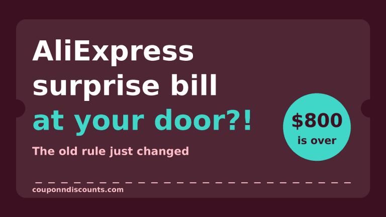 Graphic with the text AliExpress surprise bill at your door and an aqua badge saying 800 dollars is over