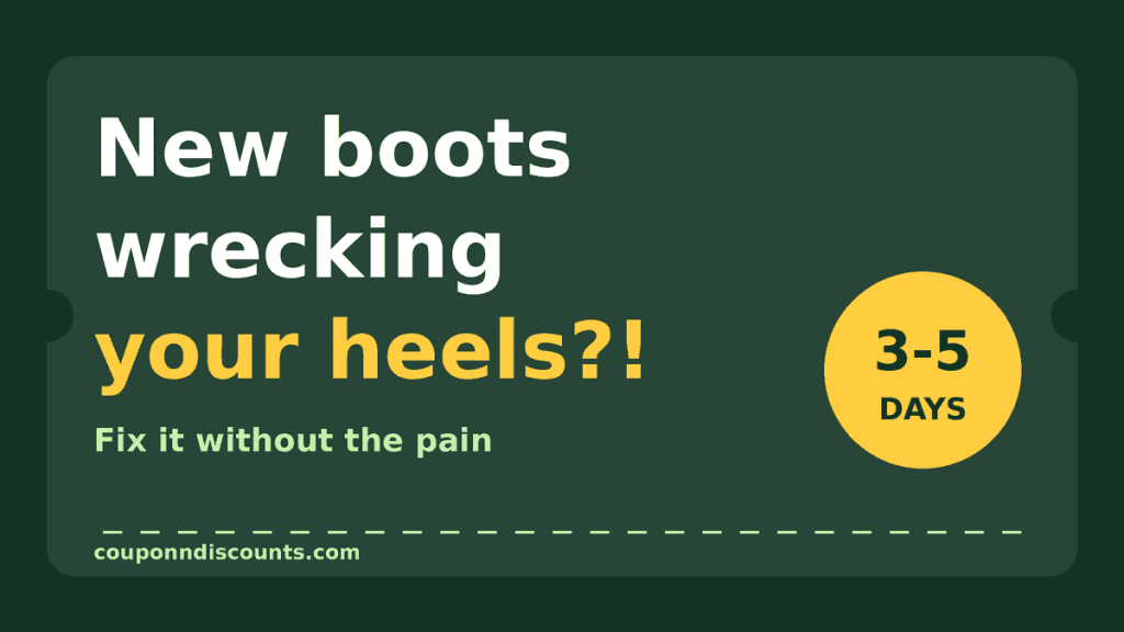 Graphic with the text New boots wrecking your heels and a gold badge saying 3-5 days