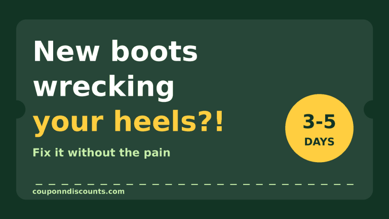 Graphic with the text New boots wrecking your heels and a gold badge saying 3-5 days