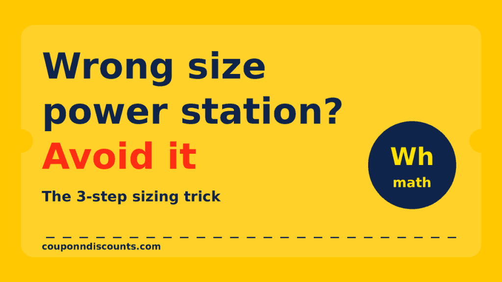 Bright yellow graphic with the text Wrong size power station? Avoid it and a badge saying Wh math